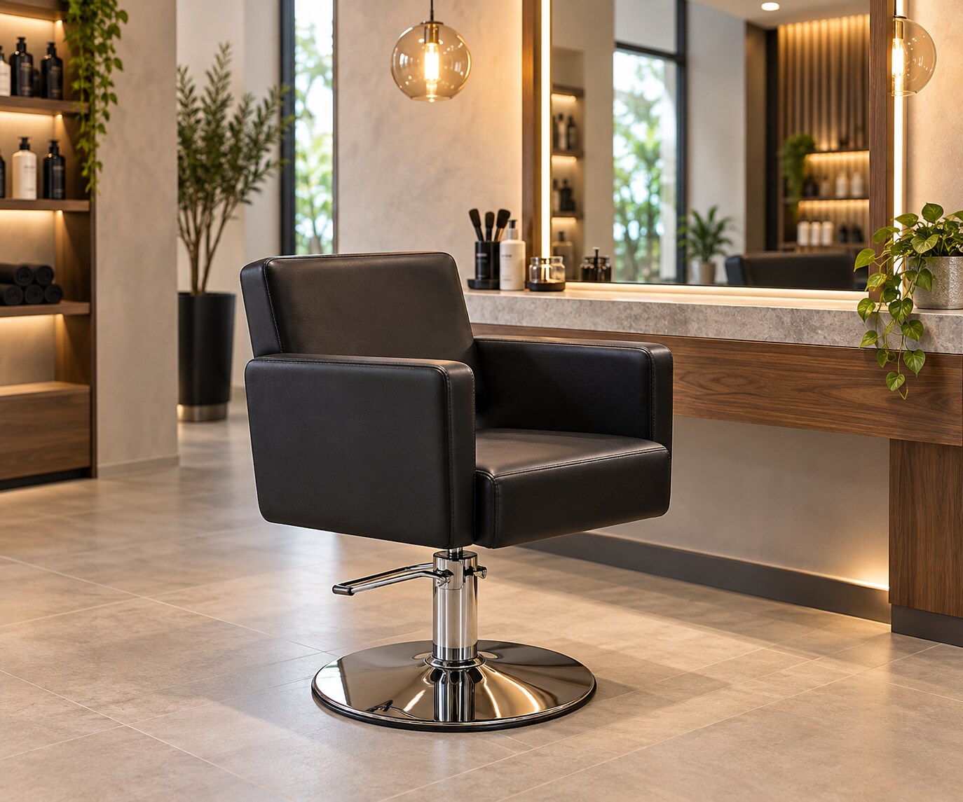 Professional hydraulic salon styling chair at a salon station