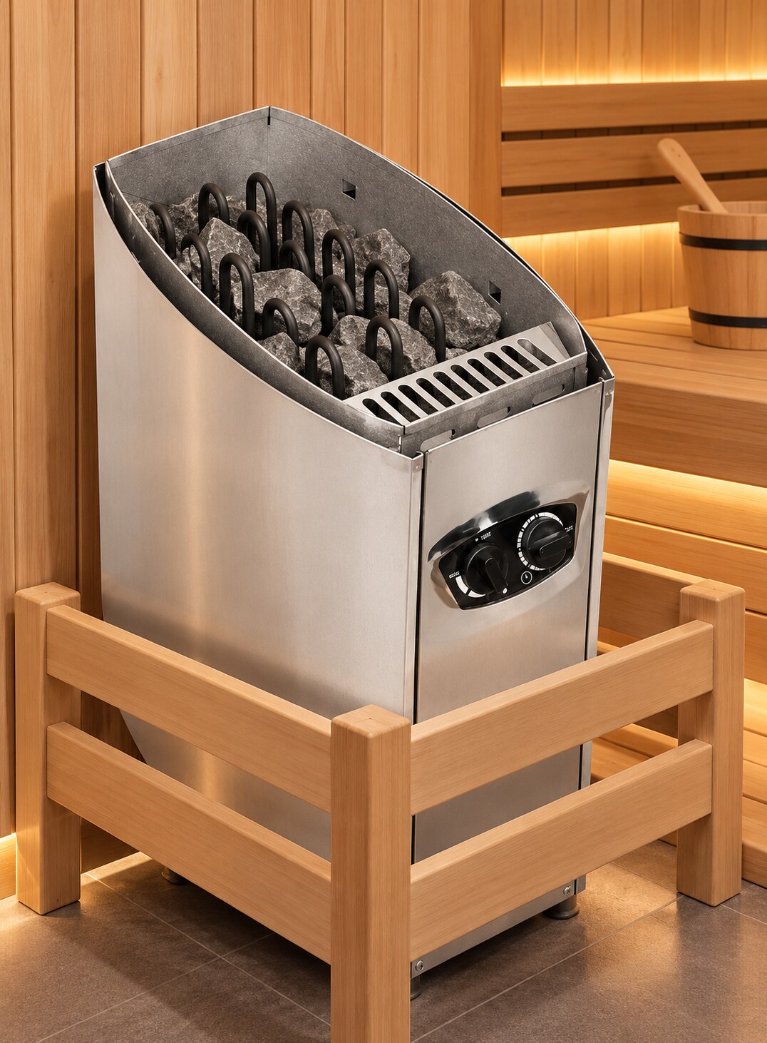 Electric sauna heater installed in a timber sauna room