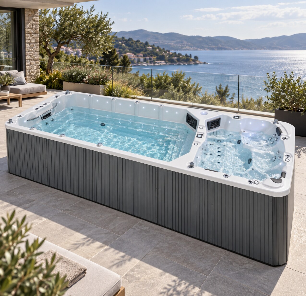Prefabricated swim spa with hydrotherapy seating installed on a resort terrace