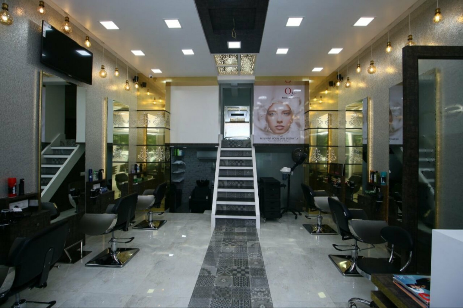 Salon interior with styling stations